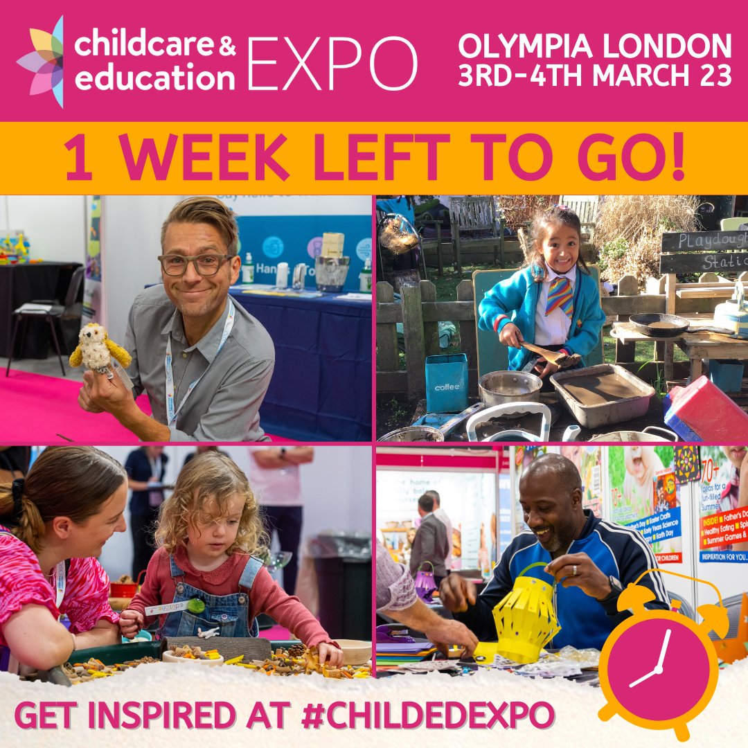 childcareedexpo's tweet photo. We're only 1 week away from returning to Olympia London &amp; bringing you #childedexpo! We can’t wait to get hands-on and stuck into some exciting feature areas such as; an outdoor space to learn, tuff tray play zone &amp; arts &amp; crafts activity zones!

Register: https://t.co/ghUSthhqcI https://t.co/YGRgBT1SGB