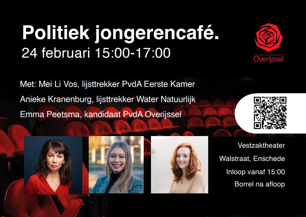 Nog geen plannen vanmiddag? Ga dan naar het politiek jongerencafé van de <a href="/pvdaenschede/">PvdA Enschede</a> !

Je kunt al je vragen stellen aan <a href="/meilivos/">Mei Li Vos 💙💛❤️💚</a>, <a href="/EmmaPeetsma/">Emma Peetsma</a> en Anieke Kranenburg. Presentatie door <a href="/WillemijnZwart/">Willemijn Zwart</a>! 

Vanaf 15:00 ben je welkom in het Vestzak theater in #Enschede