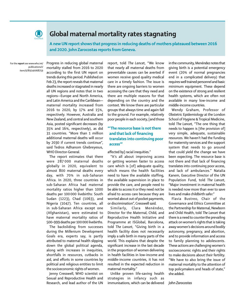 Today’s @TheLancet @jzarocostas underlines that Global maternal mortality rates are stagnating - maternal health should not be slipping down the global political agenda, but it is - inequalities continue to drive barriers to women accessing the care they need to deliver safely.