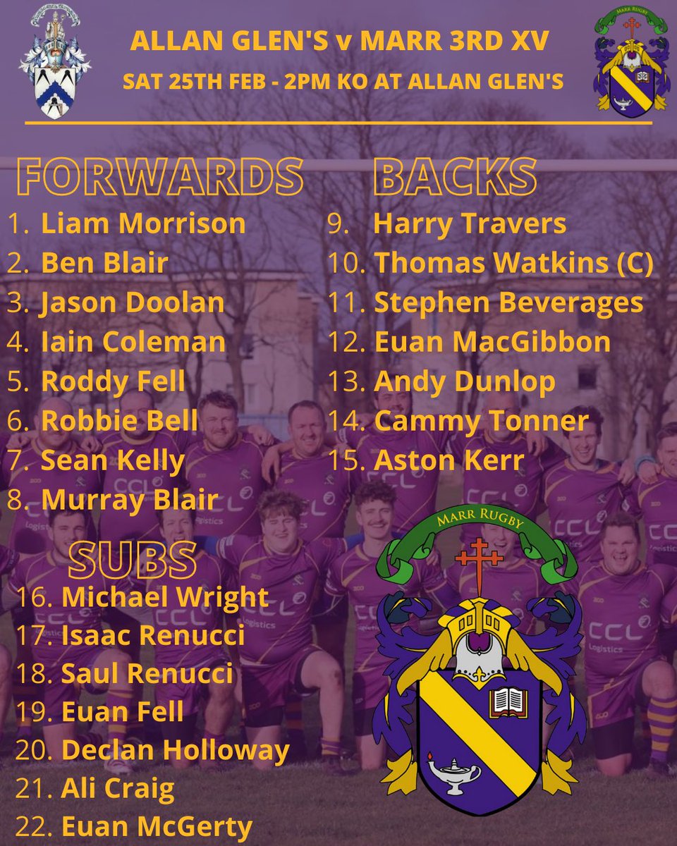 📣 SQUAD ANNOUNCEMENT 📣 

Here is the 3rd XV squad to take on Allan Glen’s tomorrow afternoon 🏉

The 3rd XV are top of the league by 4 points and a win on Saturday takes them a step closer to winning back to back titles!

🟣🟡