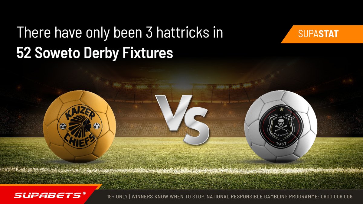 Supabets_mzansi's tweet photo. Can you tell us who was the last player to grab that iconic hattrick❓
❤️ & retweet👍
#Supastat #Sowetoderby #CHIPIR #Supabets https://t.co/lb7zqm3j6s