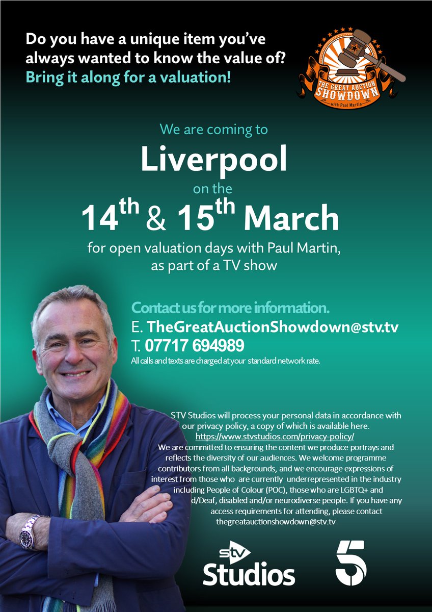 Next Location for our open valuation days will be in Liverpool on the 14th & 15th March!! Get in touch with the team for more information at TheGreatAuctionShowdown@stv.tv or call or text us on 07717 694989. All calls and texts are charged at your standard network rate.