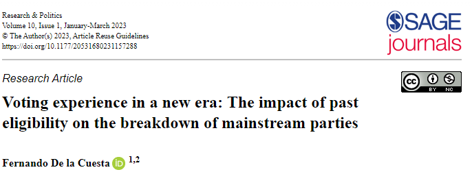 FdelaCues's tweet photo. 📢 Exciting news! My first paper is out in @Res_Pol #OpenAccess. Using pre-electoral surveys from 2000-2015 in Spain, I investigated how political context affects first-time voters' future support for mainstream parties #votingbehavior #contextmatters https://t.co/HIM3lqDxHq https://t.co/0SoGu5C2ky