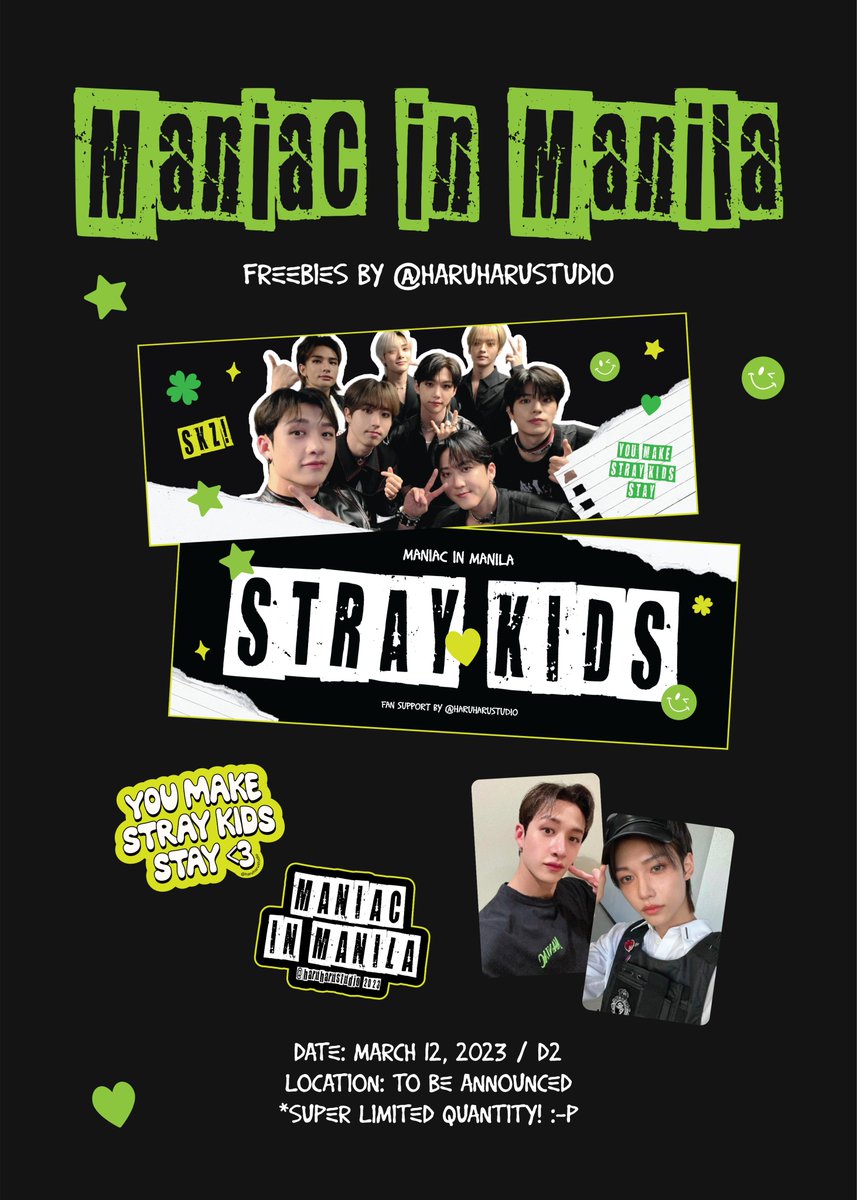 haruharustudio's tweet photo. SKZ MANIAC IN MANILA FREEBIES
by @haruharustudio 💚

hi stays! i’ll be giving out banners, stickers, &amp; pc sets at #MANIACinMANILA!

— mbf, like, rt this tweet!
— date: march 12th, 2023
— time/loc: tba
— 1:1 ratio
 
*super limited qty! :-P 🍀💗

#SKZinMNL2023 #SKZinManila2023 https://t.co/uLGFJqGknM