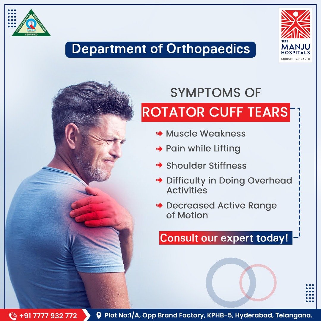 Symptoms Of Rotator Cuff Tears
1. Muscle Weakness
2. Pain While Lifting
3. Shoulder Stiffness
4. Difficulty In Doing Overhead Activities
5. Decreased Active Range Of Motion

#Rotatorcufftears #orthopaedic #orthodontics #jointreplacement #ShoulderStiffness #Muscleweakness