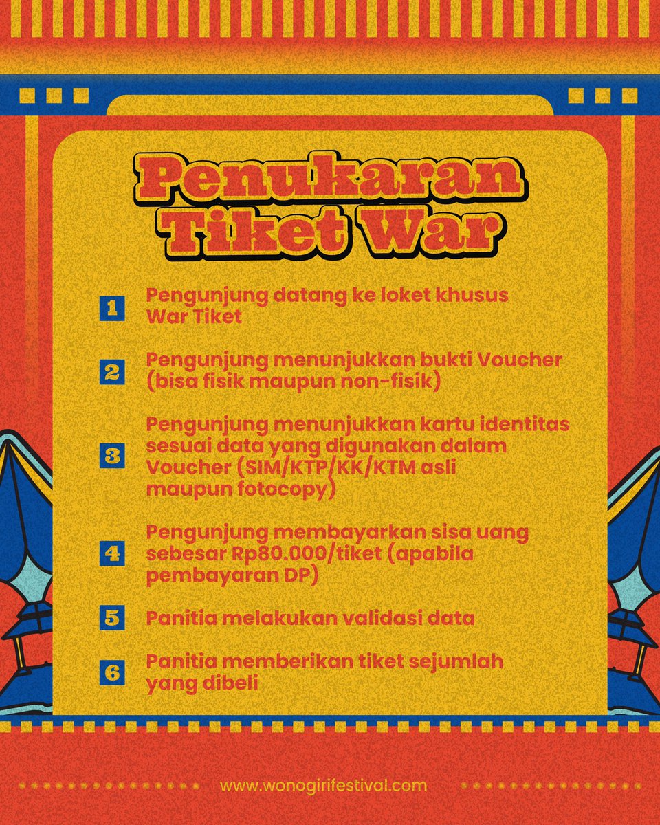 Simak dulu yuk cara penukaran tiket Wonogiri Festival 2023! 

Pastikan dulu nih, Dulur beli tiket lewat Hotline, Ticketbox, Website, Shopee atau War Tiket karena nanti ada loketnya masing-masing.

Jangan lupa untuk membawa identitas sesuai data pembelian untuk penukaran tiketnya!