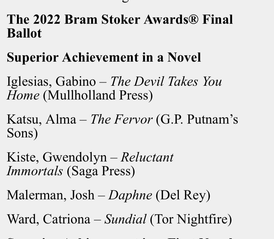 Catrionaward's tweet image. Oh my god. SUNDIAL ☀️🕚 is a Stoker nominee. Am speechless. Honoured to be on the final ballot alongside the amazing @Gabino_Iglesias @almakatsu , @GwendolynKiste, and @JoshMalerman CONGRATULATIONS EVERYONE 🧛‍♂️🧛‍♂️🧛‍♂️ @TorNightfire