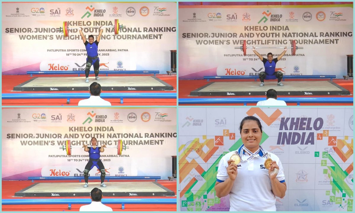 📢 #MedalAlert & #National Record,Kudos to NCOE Lucknow #Weightlifter Navdeep Kaur,71 kg bagged 
Gold 🥇 in Junior,
Gold 🥇 in Senior
1 New #NationalRecord for Junior C & J 107kg at #KheloIndia Senior,Junior&Youth National Ranking Women Weightlifting Tournament held at Patna.