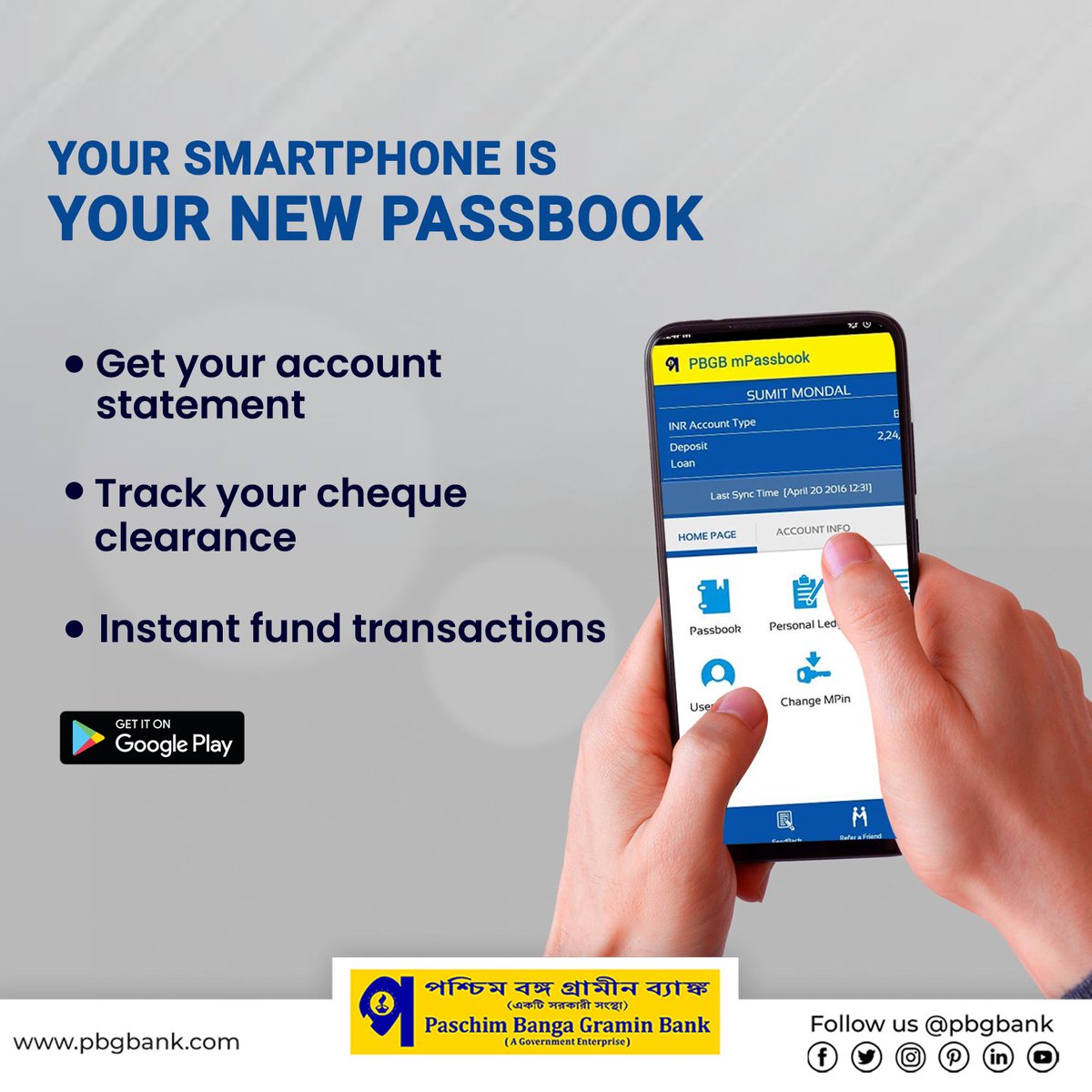 wbgbank's tweet photo. PBGB mPassbook
Your Smartphone is Your New Passbook
>Get your account statement
>Instant fund transactions
>Track your cheque clearance
#paschimbangagraminbank #pbgb #mpassbook #passbook #banking #westbengal https://t.co/xmcnoZl96W