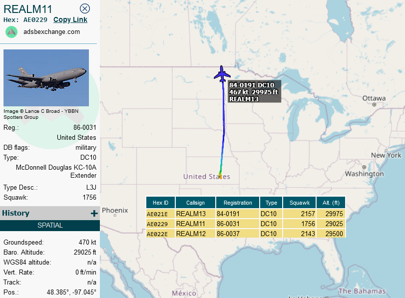 SirListenalot's tweet photo. Feb23 ~2340z #KC10's #AE0229 #AE022E #AE021E as #REALM11-13 (McConnell - Travis) in the block FL290-300, followed by #four #B52's as #MURK51-54 (probably out of Minot) descending from FL230-260 to FL200-240 https://t.co/xbFxtmNcLb