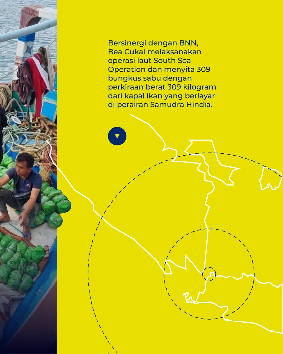 beacukaiRI's tweet photo. Sinergi #JagaIndonesiaKita antara Bea Cukai dan aparat penegak hukum lainnya kembali membuahkan hasil. 

Tim Gabungan yang Bea Cukai dan BNN @INFOBNN laksanakan operasi laut South Sea Operation dan berhasil amankan 309 bungkus sabu dengan perkiraan berat 309 Kg.

Selengkapnya👇🏽 https://t.co/dcsFcQ4Df1