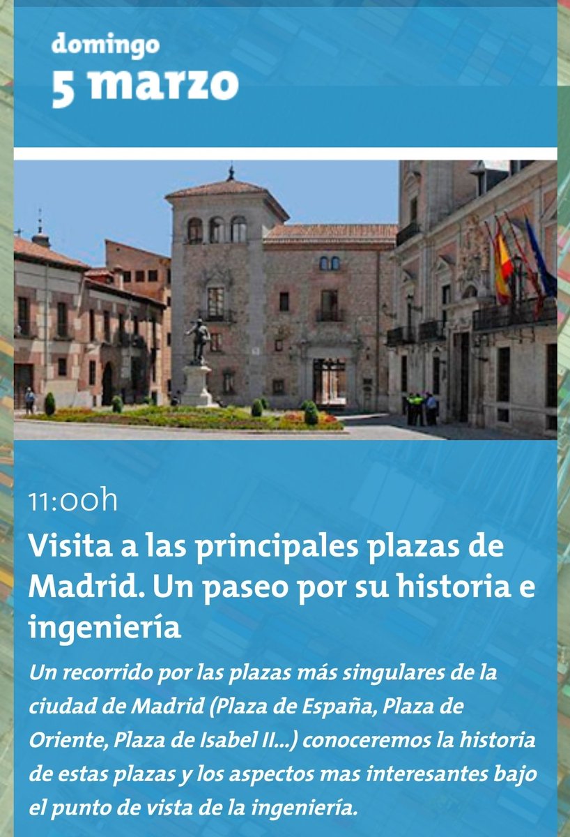 Tengo el placer de guiar un paseo por la historia y la ingeniería de las principales plazas de Madrid.
📍Plaza de España. Estand Semana de la Ingeniería 
🕜 5M. 11 h, duración 1h30'
Plazas limitadas. Gratuito
¿Nos acompañas? 
Se agradece RT y difusión. 
#DeCaminoAOtrosLugares 🔽