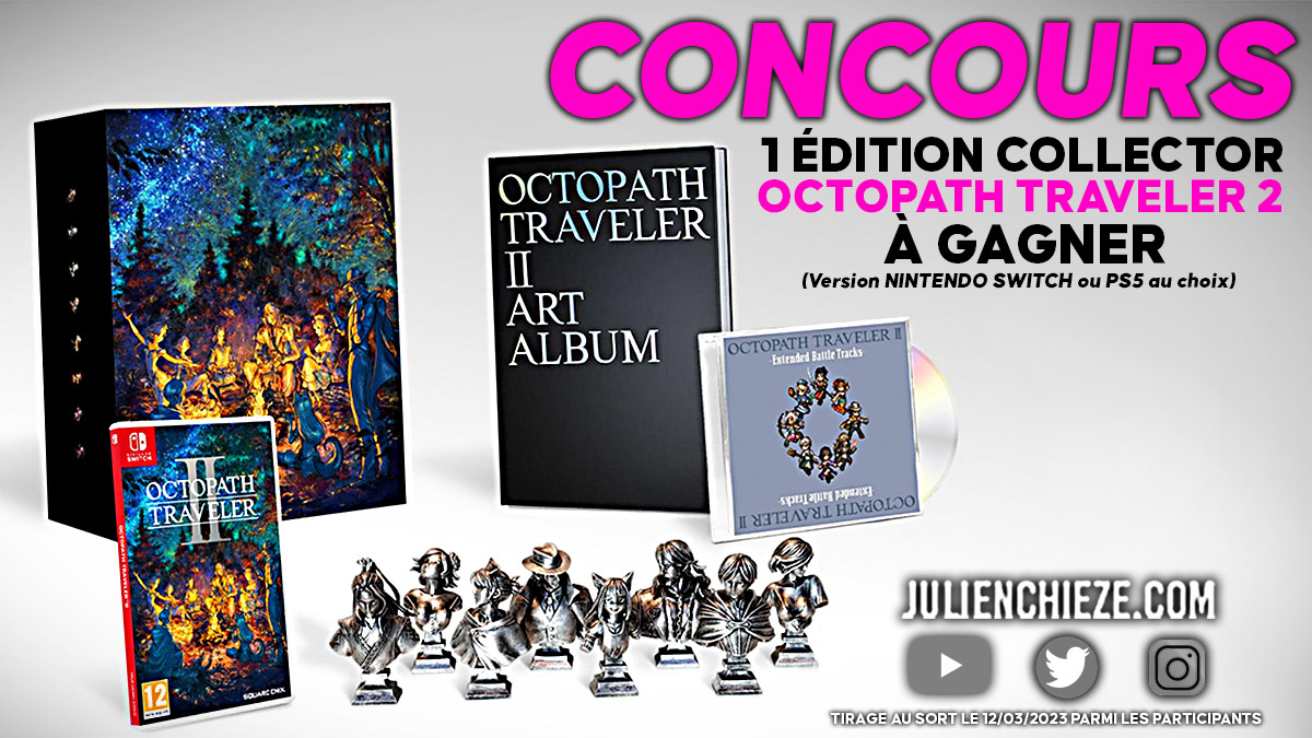 Julien Chièze (@julienchieze) on Twitter photo 🎁CONCOURS🎁
Amoureux de JRPG, une superbe Édition Collector de #OctopathTraveler2 (#Switch ou #PS5 au choix) à gagner !
Pour participer
✅RT + Suivre <a href="/JulienChieze/">Julien Chièze</a>
✅Être abonné à ma chaîne YouTube youtu.be/G5_xLQ17H2U
🥳Multipliez vos chances en taguant un ami
TAS 12/3/23 🎁CONCOURS🎁
Amoureux de JRPG, une superbe Édition Collector de #OctopathTraveler2 (#Switch ou #PS5 au choix) à gagner !
Pour participer
✅RT + Suivre <a href="/JulienChieze/">Julien Chièze</a>
✅Être abonné à ma chaîne YouTube youtu.be/G5_xLQ17H2U
🥳Multipliez vos chances en taguant un ami
TAS 12/3/23