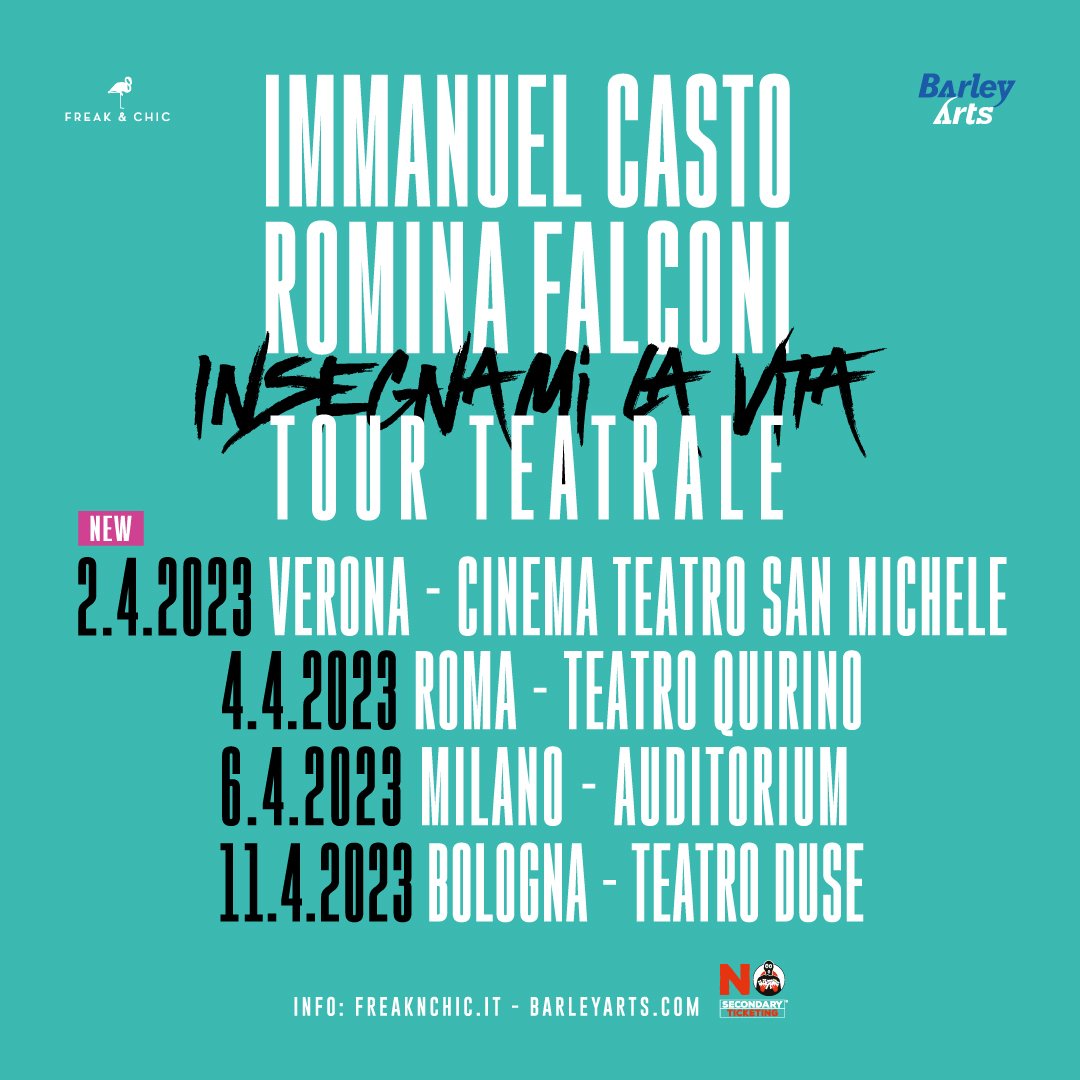 Sorpresa!
Si aggiunge una data al nostro tour, la data 'zero'.
VERONA, 2 Aprile, Teatro San Michele 
ticketone.it/eventseries/im…

#InsegnamiLaVitaTOURTeatri
#ensembledacamera
#ImmanuelCasto
#RominaFalconi

<a href="/barleyofficial/">Barley Arts</a>
<a href="/freak3chic/">Freak & Chic</a>