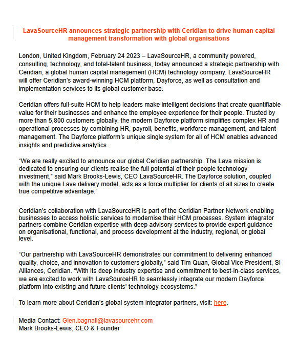 _Lavasource's tweet image. @LavasourceHR  announces strategic partnership with @Ceridian  to drive human capital management transformation with global organisations. To read more, please visit out website: lavasourcehr.com/lavasource-hr-…
#ceridian #dayforce #partnership #freelance #gigeconomy