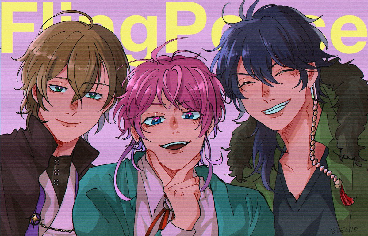 3boys multiple boys male focus pink hair smile closed eyes blue eyes  illustration images