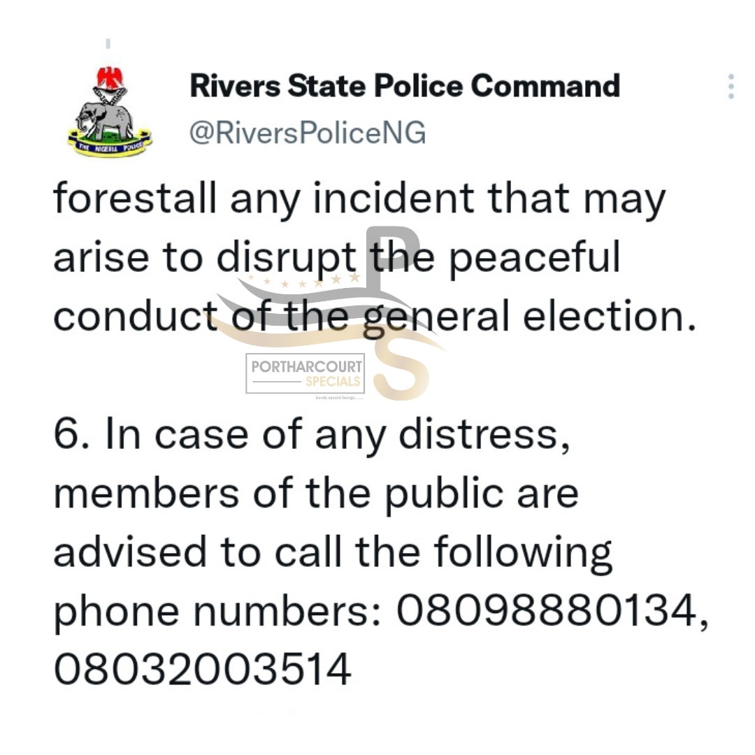 phspecials's tweet photo. Rivers State Police Command releases emergency numbers for the general elections https://t.co/qnv52biV6v