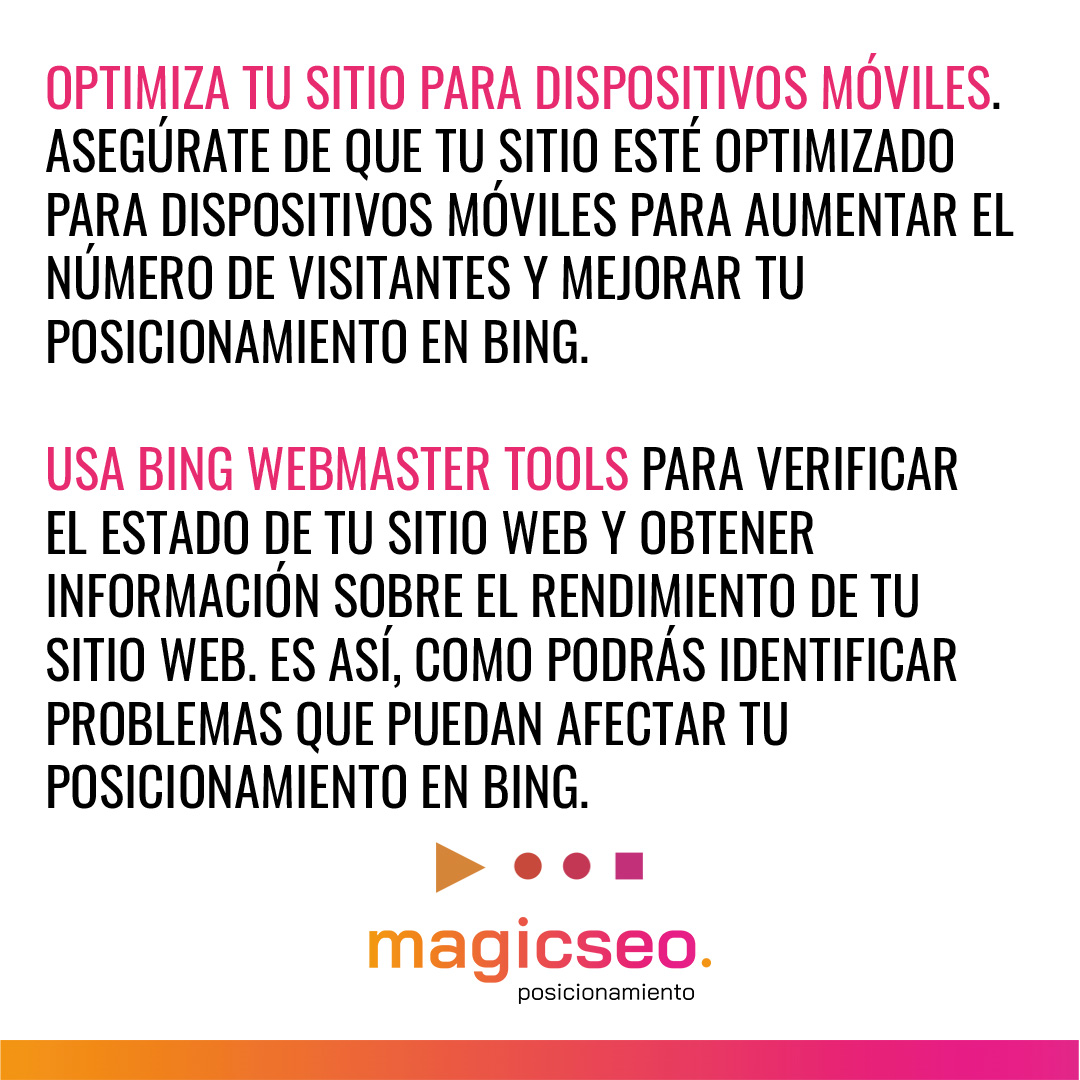 ¿Quieres saber cómo aumentar el posicionamiento en el buscador Bing?

¡Desliza!

#Bing #optimizar #contenido #dispositivosmóviles #posicionamiento #estrategia #enlacesentrantes #palabrasclave #SEO