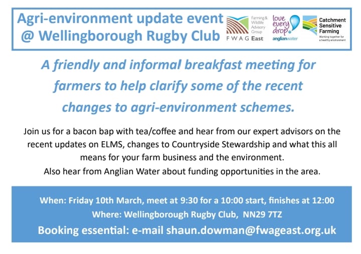 Calling all Northants farmers. Did you know FWAG East now covers Northamptonshire?
We are hosting an agri-environment update event in partnership with <a href="/AnglianWater/">Anglian Water</a> and CSF on Fri 10th March at Wellingborough Rugby Club. Open to all
@NFUEastMidlands <a href="/AWCoastCountry/">AW Coast & Country</a> <a href="/NE_WestAnglia/">Natural England West Anglia Team</a>