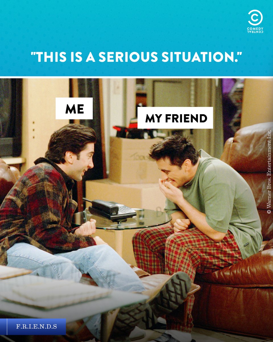 ComedyCentralIn's tweet photo. Warning: Don’t put me & my friend in the same room when discussing something serious 😬
Catch #Friends S1-10, Mon-Fri at 7 PM only on #ComedyCentral.
#FriendsTV #FriendsOnComedyCentral #ComedyCentralIndia #FriendsMemes #Ross #Joey #FriendsScenes #Comedy #FriendsGroup #Laughter https://t.co/MxmlucnodR