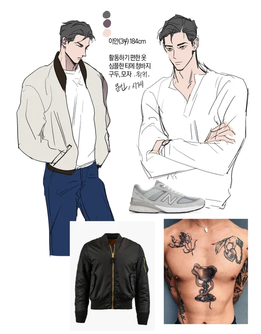 #웻샌드_tmi 오래전 의상설정단계 리퍼런스들과 러프 이때 최종적으로 캐릭터들 스타일 방향성을 잡았었던 기억 