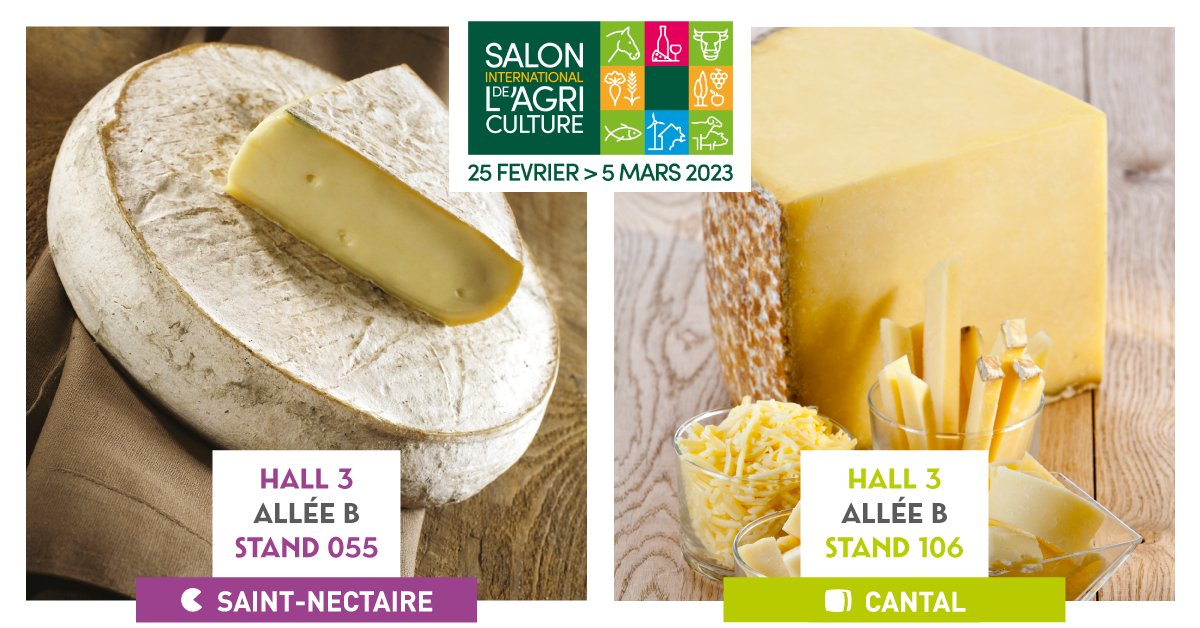 FromagesAOPAuv's tweet photo. L'Interprofession du #SaintNectaire (ISN) et le Comité Interprofessionnel des fromages du #Cantal (CIF) vous donnent RDV sur le @Salondelagri. 
Dégustations, ventes, échanges avec les professionnels de la filière... RDV Hall 3 pour savourer le meilleur de l'#Auvergne !
#SIA2023 https://t.co/wMt9nmHmQw