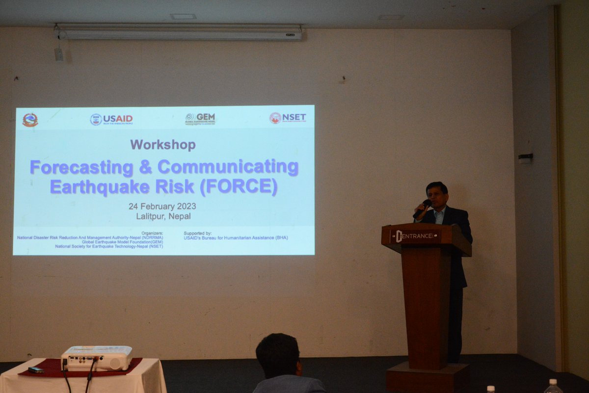 NSETNepal1's tweet photo. Need &amp; importance of seismic risk modeling &amp; forecasting future risk discussed during a workshop on "Forecasting &amp; Communicating Earthquake Risk (#FORCE)" organized by #NDRRMA, Global Earthquake Model (#GEM) &amp; #NSET in Lalitpur on Feb. 24,2023. https://t.co/a7KyY7ZO0S