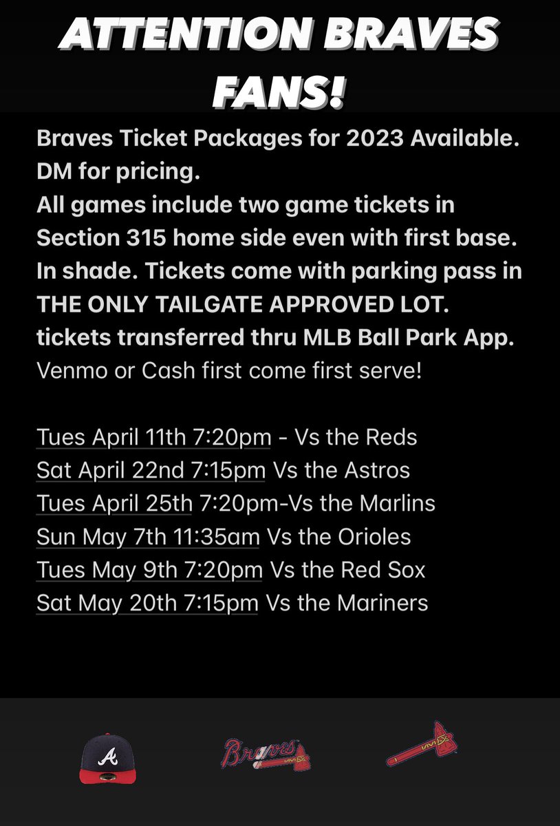 Nick_Xoinis's tweet photo. Attention all braves fans! See pic for ticket packages. DM for pricing and details. https://t.co/YVfGo6DZhl