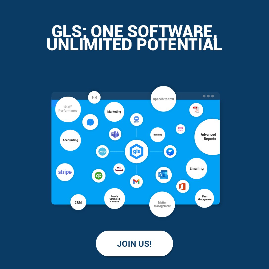 With GLS’s features and integrations, your law firm’s potential will be unlimited! Join us today! 

lnkd.in/e4QyzFQw

#GLS #Legaltech #LegalTechnology #Lawtech #lawtechnology #lawsoftware #legalsoftware #lawindustry #lawyers