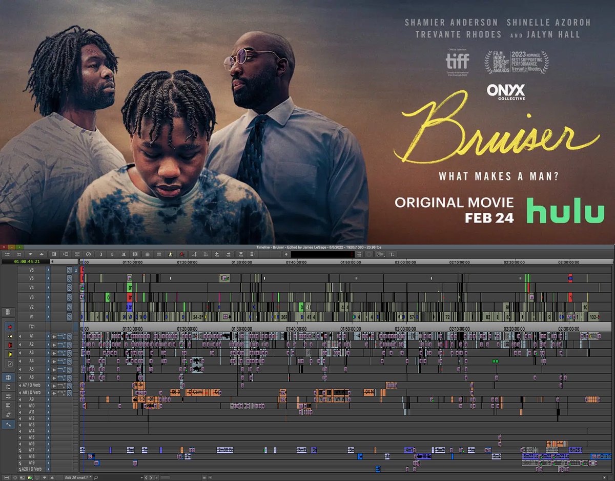 This is the @Avid @MediaComposer timeline for the movie Bruiser, on @hulu today! It’s a beautiful thing. 😅✂️✂️✂️🍿❤️ I looove this movie, go watch it on Hulu‼️

@OnyxCollective #PostChat #editor #BruiserHulu #tiff #spiritawards #trevanterhodes #timelinetuesday