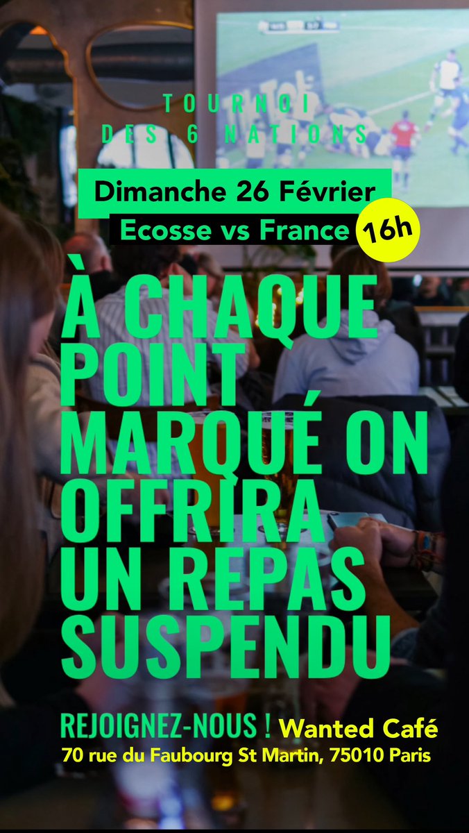 Diffusion sur écran géant du Tournoi des 6 Nations au <a href="/wanted_cafe/">Wanted café officiel</a> Chaque point marqué génère un repas suspendu pour les plus isolés ! Rdv Dimanche 26/02 à 16h 🏉 
Merci à la fondation <a href="/Kronenbourg_SAS/">Kronenbourg SAS</a> et <a href="/1664france/">1664France</a> de nous soutenir dans notre démarche solidaire &amp; engagée.
