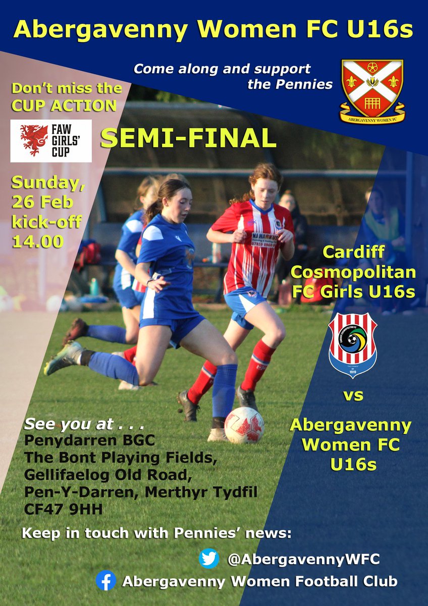 AbergavennyWFC's tweet photo. SPREAD THE WORD
On Sunday our 16s are in @FAWales Girls Cup semi-final action vs @Cdf_CosmosJnr - the venue is @PenydarrenBGC.
Your support for the Pennies would be very welcome.
@AberWFC_juniors 
@AberChronicle https://t.co/La0rqm5Mfa