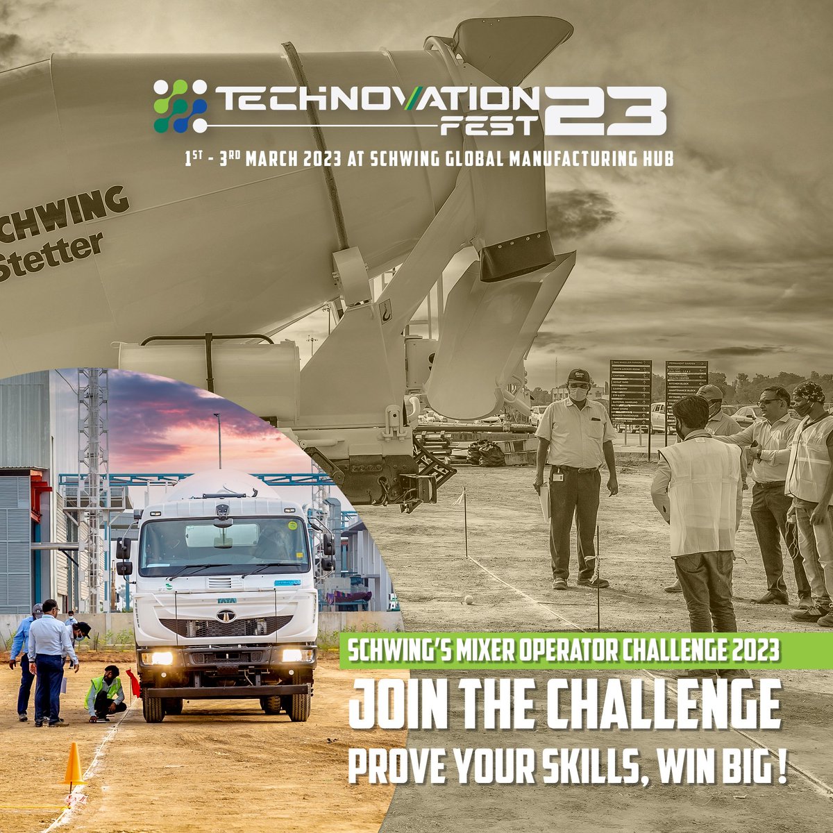 SchwingIndia's tweet image. We&apos;re back for round two !!
Join us in the #Operator Skill and Safety Contest and be a part of the thrilling action at #Technovation2023 from 1st - 3rd March 2023 at SCHWING Global Manufacturing Hub, Kanchipuram, Tamilnadu !