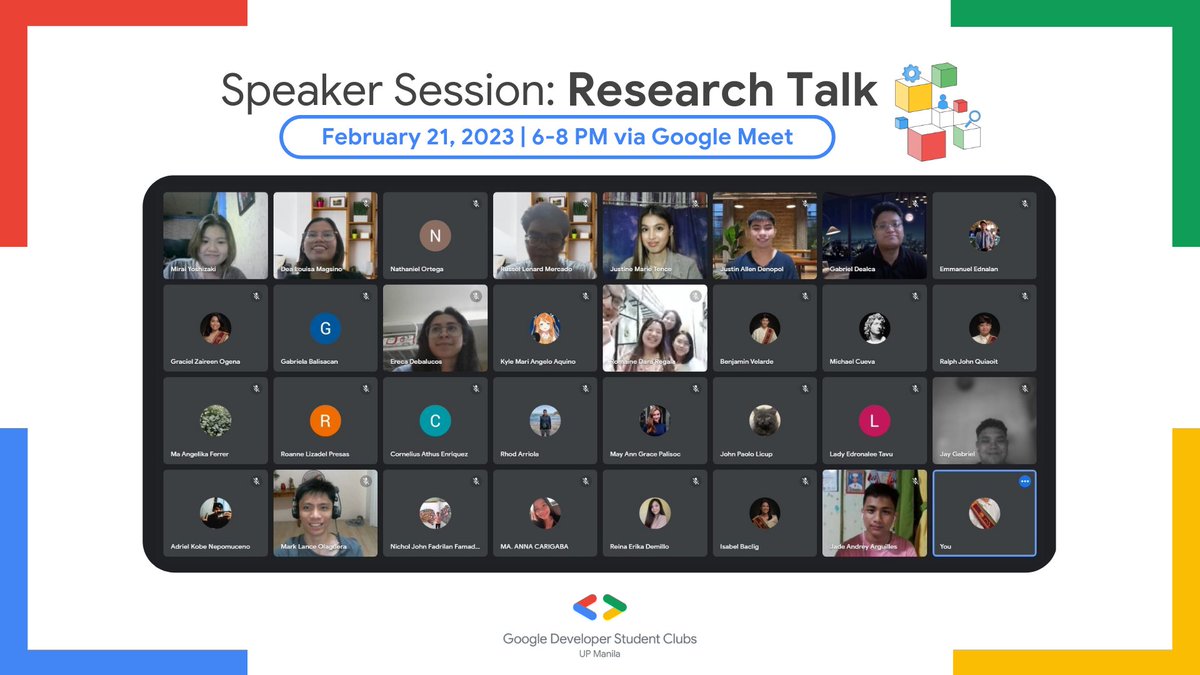 GDGOC_UPManila's tweet photo. Thank you for participating in the Research Talk last Tuesday! 🤩 It was definitely an unforgettable experience whilst learning about Machine Learning and Artificial Intelligence from our alumni speakers, Gabriel Dealca, Justin Allen Denopol, and Justine Marie Tence. 🤖💻 https://t.co/XqsF67BoJf
