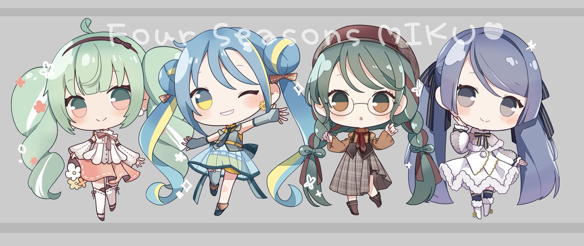 green hair multiple girls chibi blue hair twintails beret 4girls  illustration images