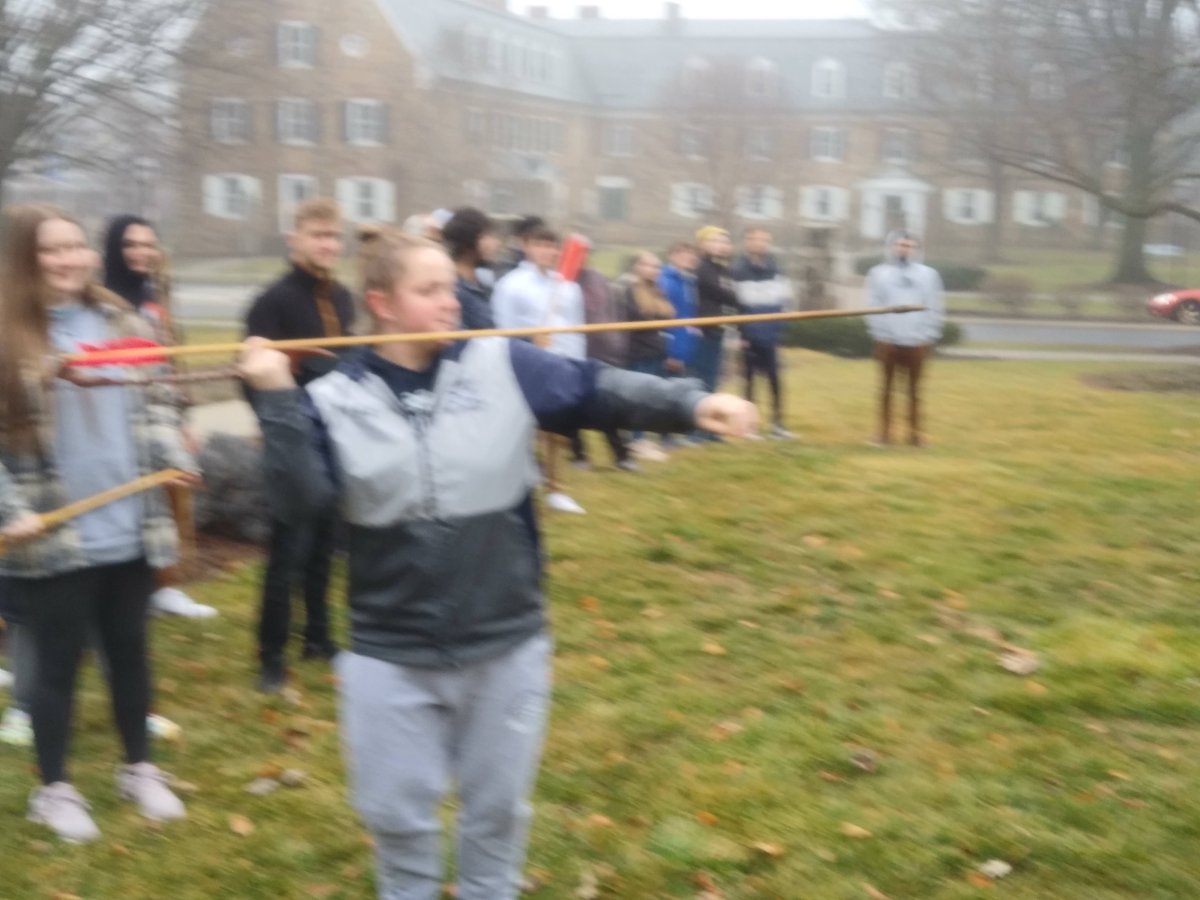 MU_HistoryDept's tweet photo. Students in @MoravianU History of Native North America class doing #HandsOnHistory. After discussing the Paleolithic and Archaic periods in class, students experienced hunting the elusive cowdeer with atlatls. https://t.co/WDuLEmw8LF