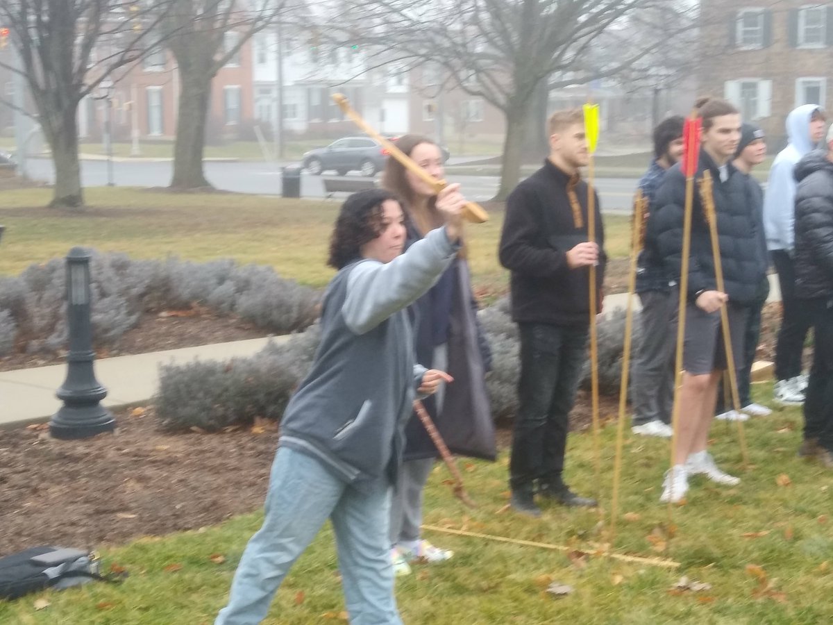 MU_HistoryDept's tweet photo. Students in @MoravianU History of Native North America class doing #HandsOnHistory. After discussing the Paleolithic and Archaic periods in class, students experienced hunting the elusive cowdeer with atlatls. https://t.co/WDuLEmw8LF