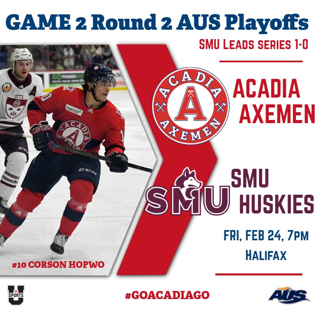 It’s #GAMEDAY as the <a href="/AcadiaAthletics/">Acadia Athletics</a> Axemen look to bounce back to even the series in game 2 versus the SMU Huskies, at the Dauphinee Centre at 7pm.

🎟️ Purchase your tickets at universe.com/users/saint-ma…
📺 Watch on AUStv.ca
📻 Listen on AVR 97.7 FM 

#GoAcadiaGo