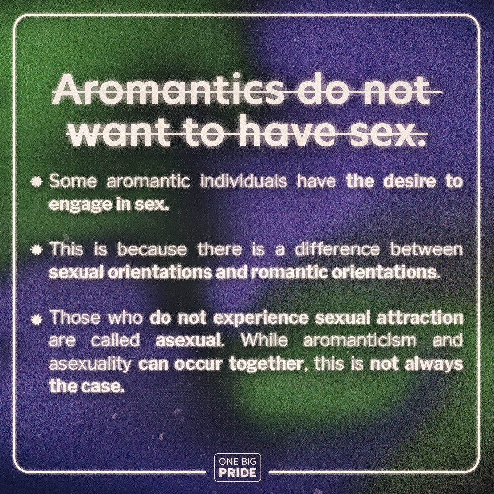 onebigpride's tweet photo. This #AromanticAwarenessWeek, we wish to highlight the nuances of aromantic identities. 

Aromanticism is shrouded with misconceptions. By learning more about what it truly means to be aromantic, we can combat the constant judgment and invalidation that aromantic people face. https://t.co/Dpiq7nqkI0