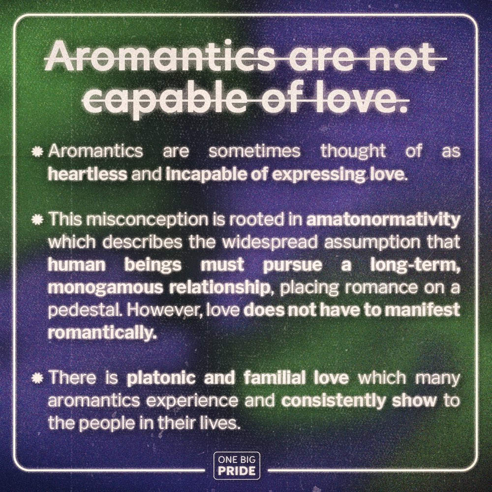 onebigpride's tweet photo. This #AromanticAwarenessWeek, we wish to highlight the nuances of aromantic identities. 

Aromanticism is shrouded with misconceptions. By learning more about what it truly means to be aromantic, we can combat the constant judgment and invalidation that aromantic people face. https://t.co/Dpiq7nqkI0