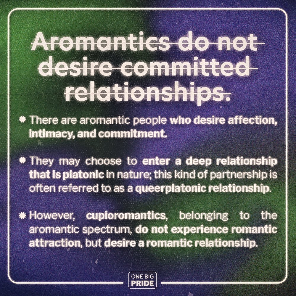 onebigpride's tweet photo. This #AromanticAwarenessWeek, we wish to highlight the nuances of aromantic identities. 

Aromanticism is shrouded with misconceptions. By learning more about what it truly means to be aromantic, we can combat the constant judgment and invalidation that aromantic people face. https://t.co/Dpiq7nqkI0