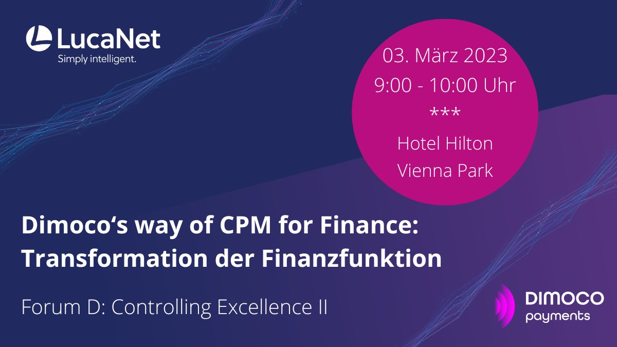 Wir freuen uns schon riesig auf den 43. Österreichischen Controllertag nächste Woche! Zusammen mit Dimoco Messaging stellen wir den Business Case DIMICO vor. Sichern Sie sich Ihren Platz: okt.to/5UBfTw #controllertag #lucanet #finance #controlling