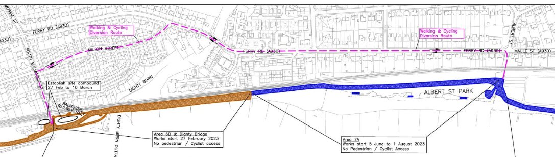 dundeecycling's tweet photo. NCN1 diversion for 7 months while Dighty Bridge is replaced dumps you on the Ferry Road. Hopefully they will make all the diverted route 20mph cycle friendly! https://t.co/Ga6BqiY85m