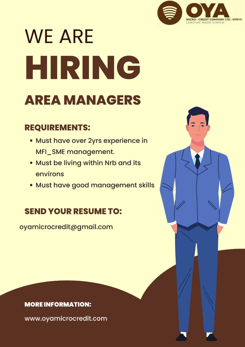 OyaMicro's tweet photo. Do you have what it takes to work with us today?
Send in your applications today to oyamicrocredit@gmail.com
.
.
#oyamicro #oyake #financialservices #IkoKaziKE #IkoKazi #myjobsinkenya https://t.co/U3m268yked