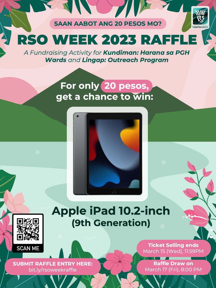 RsoUpmed's tweet photo. Get a chance to win a brand new Apple iPad 10.2-inch (9th Generation) for just 20 pesos!

Send your payment through any of the official payment channels below and submit your raffle entry at https://t.co/IsEZ55iFA5. 

View the full mechanics at: https://t.co/IsEZ55iFA5. https://t.co/oNWUYoVVfA
