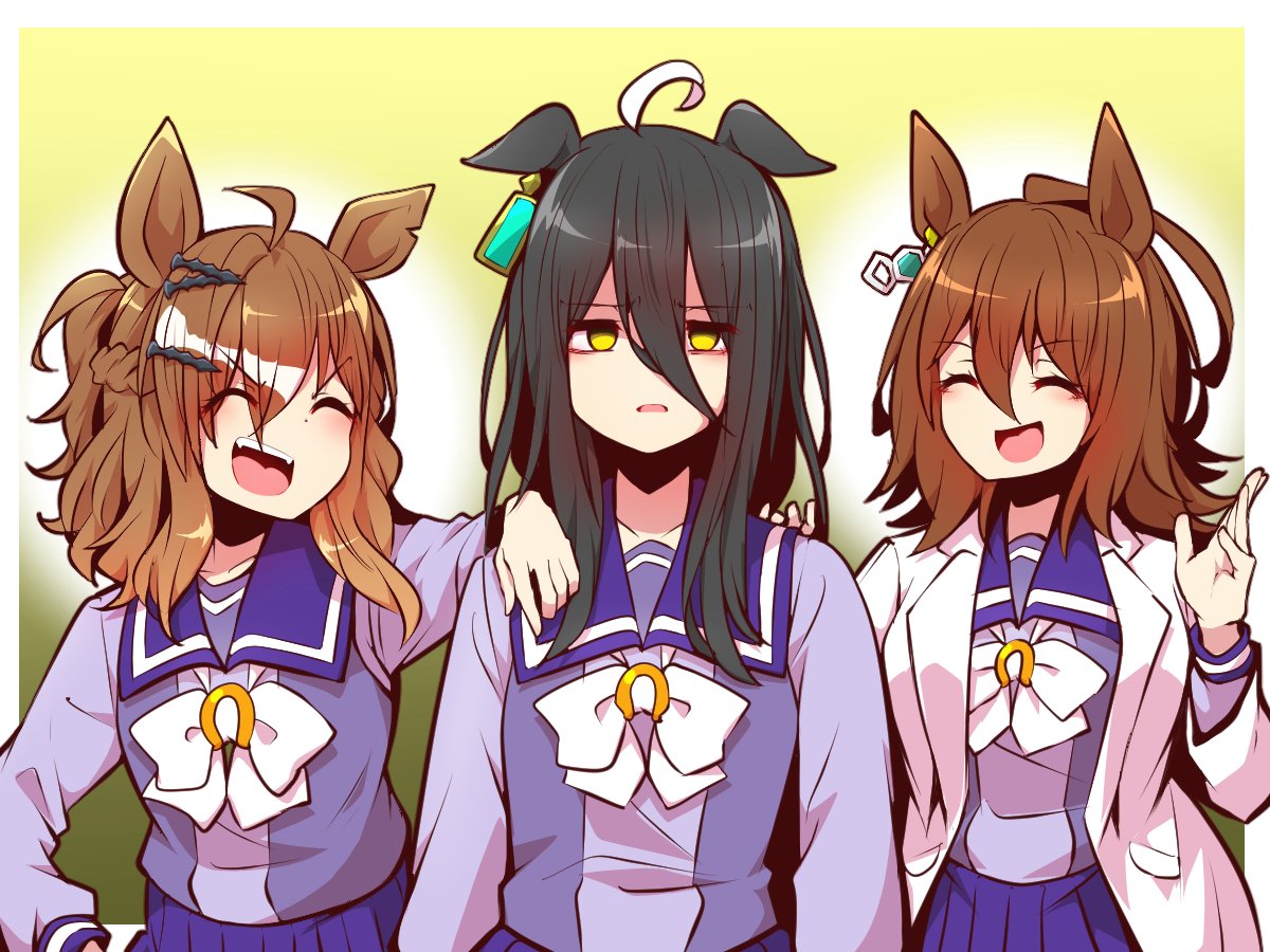 agnes tachyon (umamusume) ,manhattan cafe (umamusume) multiple girls animal ears 3girls tracen school uniform horse ears school uniform white bow  illustration images