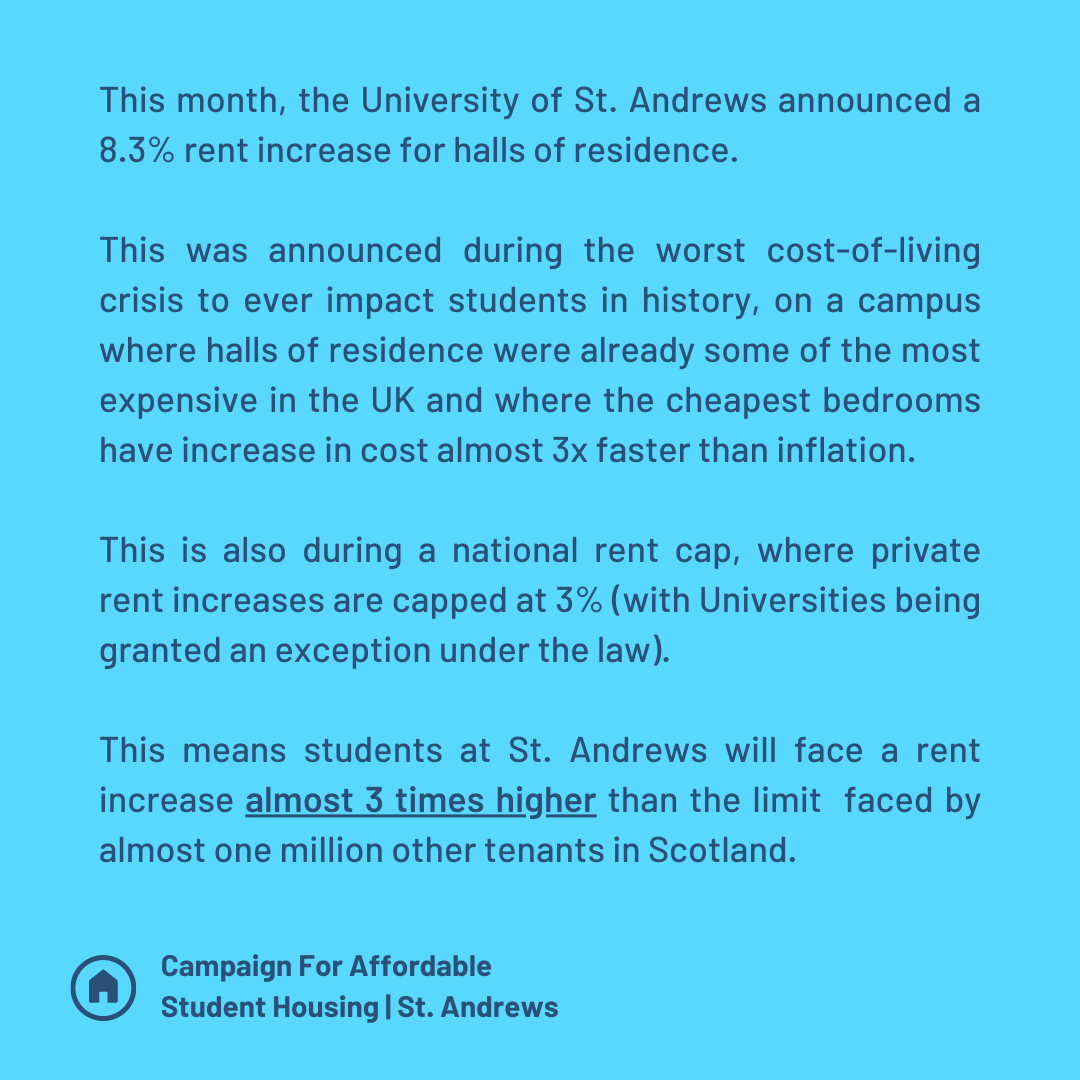 CASHStAndrews's tweet photo. F*CK the rent increase! It will have a devastating impact on the poorest students. 

A £40 pay increase for our Principal, an 8.3% hike in rent for students and we're told you can't afford to pay your staff?

Let us know how the rent hike will impact you: https://t.co/vAjtV3Lbkg https://t.co/9RDlIKEI5z