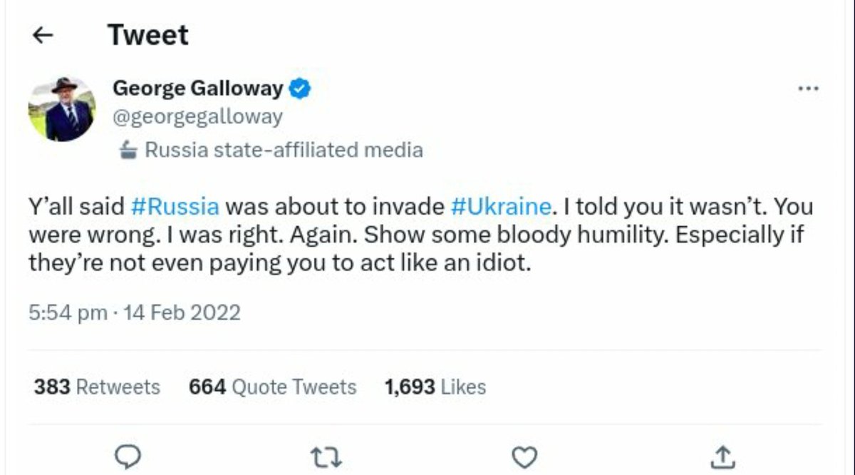 UrbaneSlave's tweet photo. To mark one year on in the illegal war Russia waged on Ukraine. here's a reminder of some of those who were on the wrong side of history. #GeorgeGalloway #AaronBastani #MichaelWalker #LabourCranklands https://t.co/0aBGmqiLrl