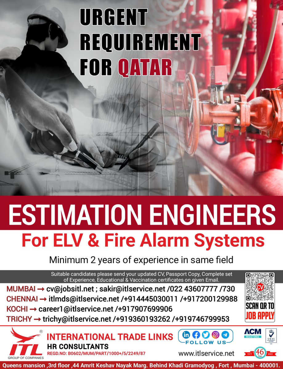 JOB VACANCY FOR #qatar
CLICK ON LINK TO APPLY JOB > bit.ly/3GxjQNp
Learn more :
itlservice.net
 #qatarjobseekers #estimationengineer #estimation #engineeringjobs #elv #firefighters #firealarmsystem #fireprotection #firejob 
  #explore #exploremore #sharepost