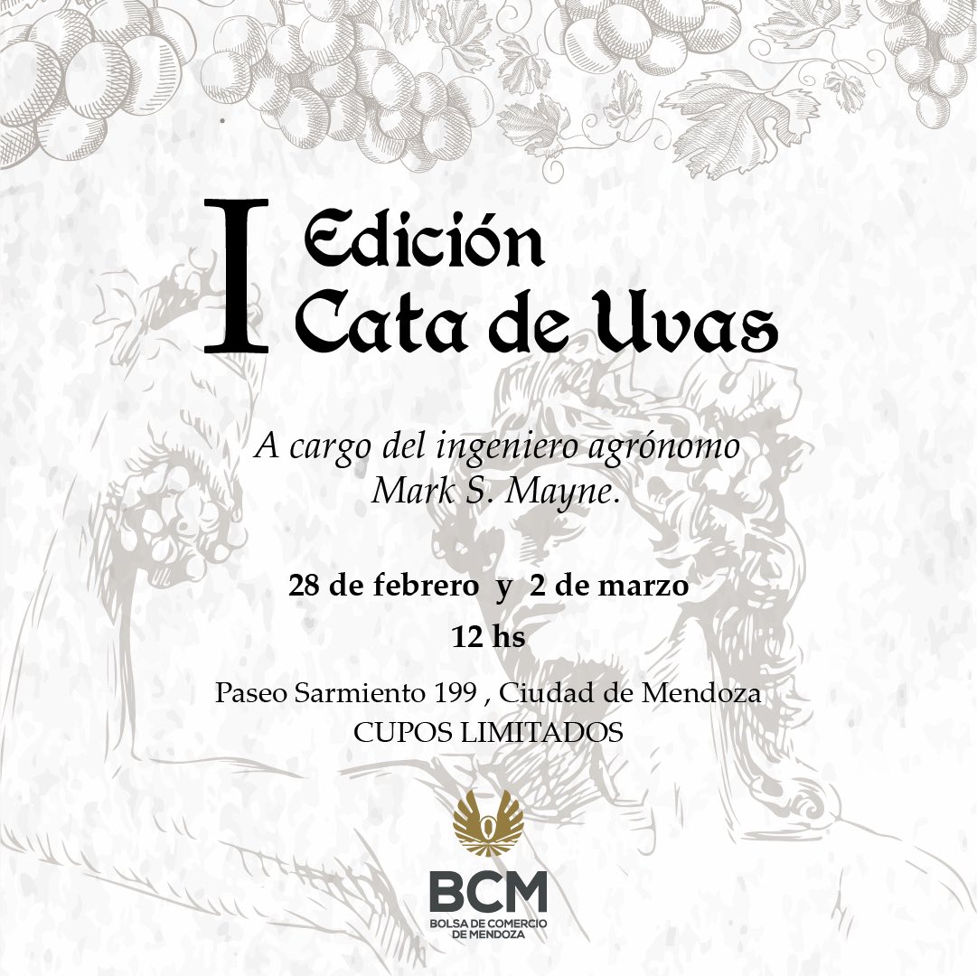 El próximo martes 28 y el jueves 2, la #BCM organiza la #ICataDeUvas. La actividad es gratuita, pero el cupo limitado. Anotate en este link bolsamza.com.ar/inscripcion-bc… <a href="/prensaBCM/">BCM</a>